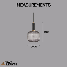 Load image into Gallery viewer, Grey Nordic Coloured Glass Pendant Light wide with black handle model measurements