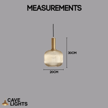 Load image into Gallery viewer, Cognac Nordic Coloured Glass Pendant Light wide with gold handle model measurements