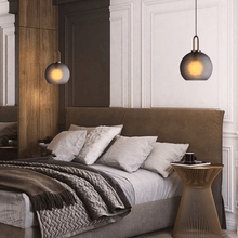 Load image into Gallery viewer, Smoky Glass Pendant Lights above bedside tables either side of bed