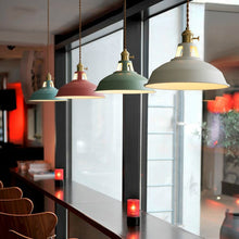 Load image into Gallery viewer, Industrial Coloured Pendant Lights above restaurant seating area