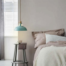 Load image into Gallery viewer, Blue Industrial Coloured Pendant Light above bedside table