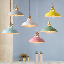 Load image into Gallery viewer, Industrial Coloured Pendant Lights hanging from ceiling