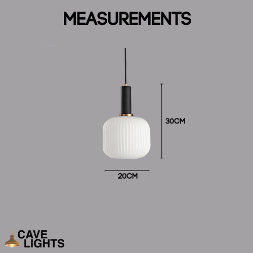 White Nordic Coloured Glass Pendant Light wide with black handle model measurements
