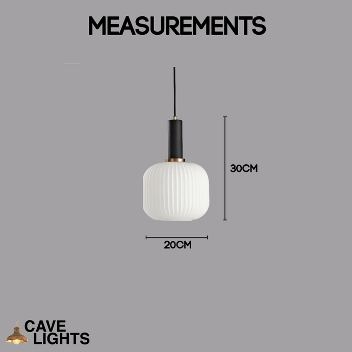 White Nordic Coloured Glass Pendant Light wide with black handle model measurements