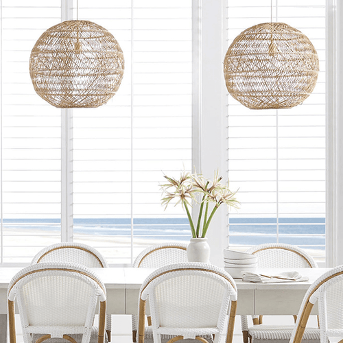 Two Modern Chinese Wicker Ceiling Light above white dining room table