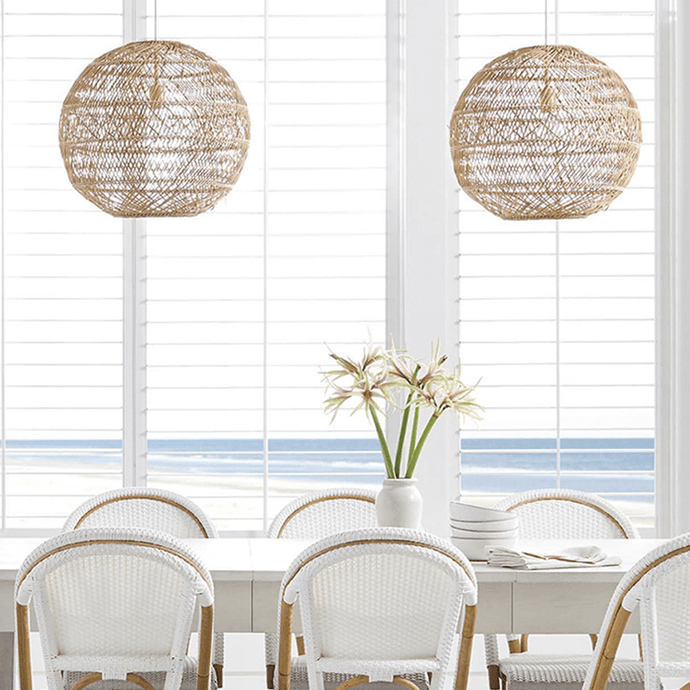 Two Modern Chinese Wicker Ceiling Light above white dining room table