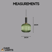 Load image into Gallery viewer, Green Nordic Coloured Glass Pendant Light wide with black handle model measurements
