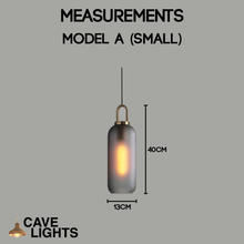 Load image into Gallery viewer, Smoky Glass Pendant Light small model A measurements
