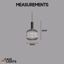Load image into Gallery viewer, Grey Nordic Coloured Glass Pendant Light wide with black handle model measurements
