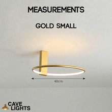 Load image into Gallery viewer, Gold Scandinavian LED Circular Ceiling Light small model measurements
