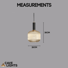 Load image into Gallery viewer, Cognac Nordic Coloured Glass Pendant Light wide with black handle model measurements
