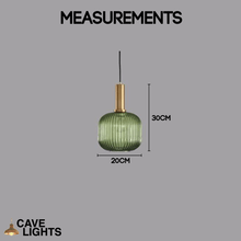 Load image into Gallery viewer, Green Nordic Coloured Glass Pendant Light wide with gold handle model measurements
