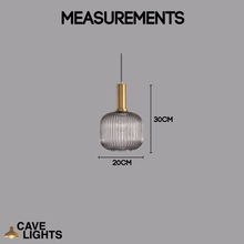 Load image into Gallery viewer, Grey Nordic Coloured Glass Pendant Light wide with gold handle model measurements
