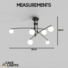 Load image into Gallery viewer, Black Modern Long Arm Chandelier 6 lights model measurements
