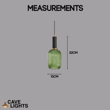 Load image into Gallery viewer, Green Nordic Coloured Glass Pendant Light thin with black handle model measurements
