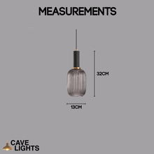 Load image into Gallery viewer, Grey Nordic Coloured Glass Pendant Light thin with black handle model measurements
