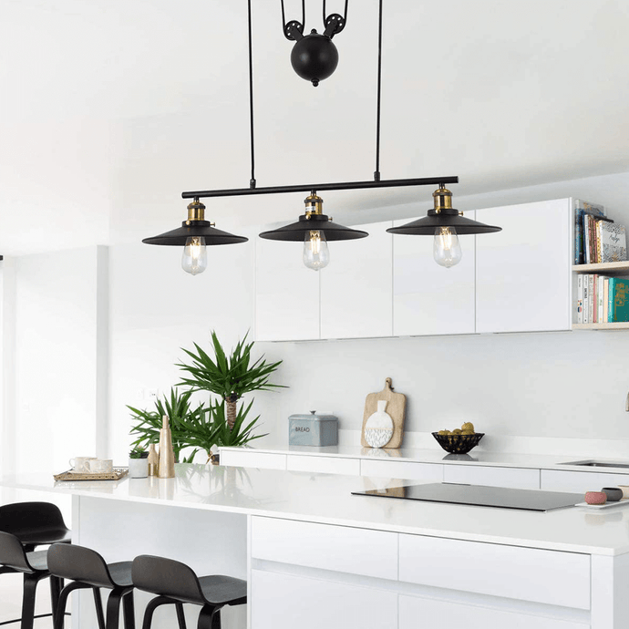 Black Pulley Ceiling Light above kitchen island