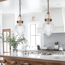 Load image into Gallery viewer, Two brass Kitchen Island Pendant Lights hanging above kitchen island
