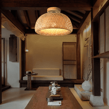 Load image into Gallery viewer, Natural Bamboo Ceiling Light above dining table
