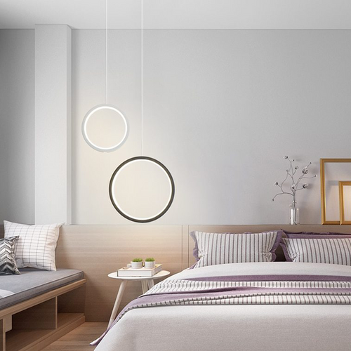 LED Double Ring Pendant Lights above bedside table