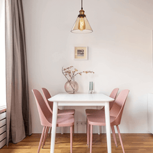 Load image into Gallery viewer, Vintage Glass Pendant Light above white table and pink chairs in living room
