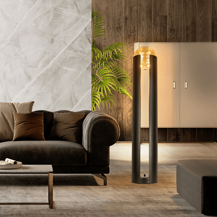 Amber Nordic Metal Floor Lamp next to sofa in living room