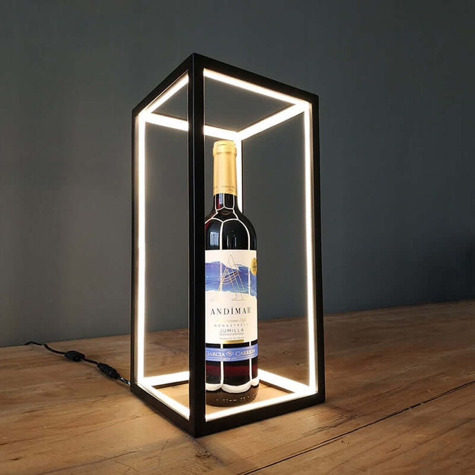 Minimalist Rectangular Cube Light on table with wine bottle inside