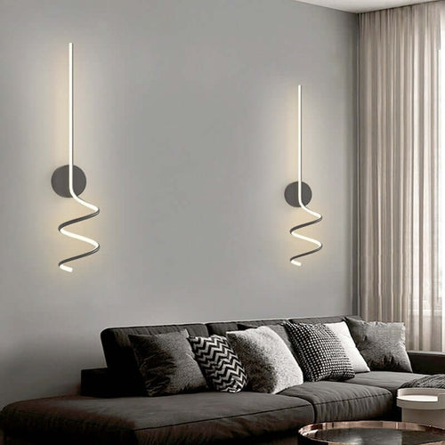 Two Black Nordic Spiral Wall Lights on living room wall above sofa