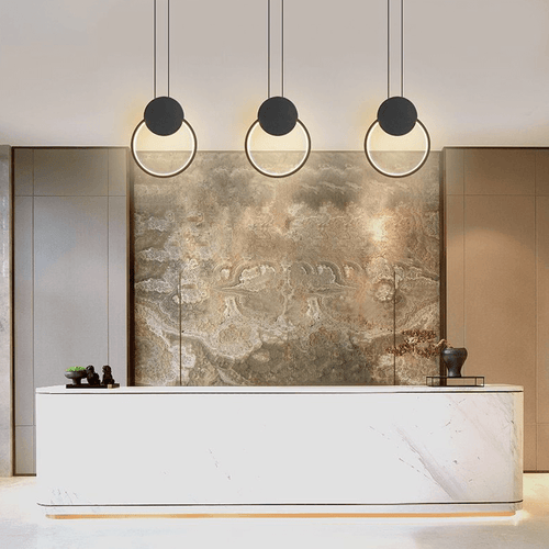 LED Full Crown Circular Pendant Lights above reception desk