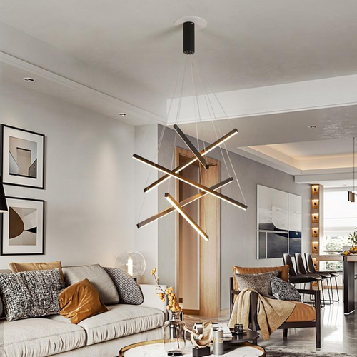 Staggered Strip Chandelier above living room table and sofa