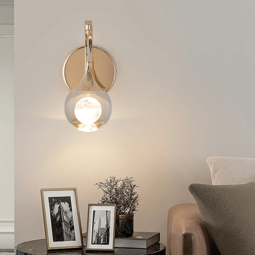 Floating Moon Wall Light above table next to sofa in living room