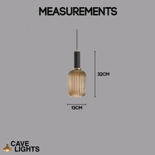Load image into Gallery viewer, Cognac Nordic Coloured Glass Pendant Light thin with black handle model measurements

