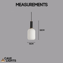 Load image into Gallery viewer, White Nordic Coloured Glass Pendant Light thin with black handle model measurements
