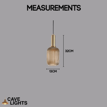 Load image into Gallery viewer, Cognac Nordic Coloured Glass Pendant Light thin with gold handle model measurements
