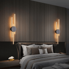 Load image into Gallery viewer, Two Gold Modern Luxury Strip Lights on bedroom wall either side of bed
