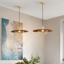 Load image into Gallery viewer, Two Japanese Style Metal Pendant Lights hanging from ceiling
