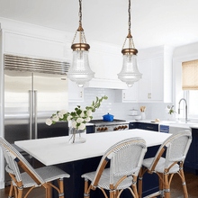 Load image into Gallery viewer, Two brass Kitchen Island Pendant Lights hanging above white kitchen island
