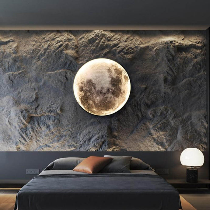 Moon Planet Wall Light above bed in bedroom