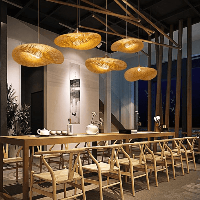 Asian Bamboo Pendant Light above large dining room table