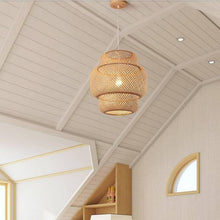Load image into Gallery viewer, Modern Bamboo Chandelier hanging from ceiling in loft attic

