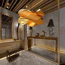 Load image into Gallery viewer, Wood Skin Pendant Light hanging from ceiling
