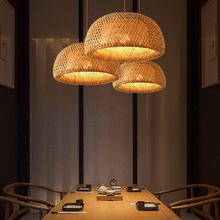 Load image into Gallery viewer, Three Natural Bamboo Ceiling Light above dining table
