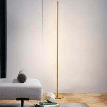 Load image into Gallery viewer, Gold Thin LED Floor Lamp next to sofa in living room
