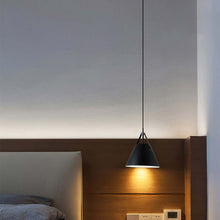 Load image into Gallery viewer, Black Minimalist Pendant Lamp above bedside table in bedroom
