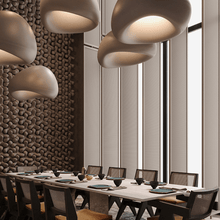 Load image into Gallery viewer, Five Japanese Style Pebble Pendant Lights above large dining room table
