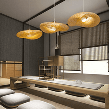 Load image into Gallery viewer, Three Asian Bamboo Pendant Lights above dining table
