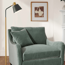 Load image into Gallery viewer, Black Neutral Metal Floor Lamp overlooking armchair in living room

