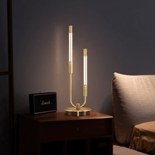 Load image into Gallery viewer, Gold Nordic Candlestick Table Lamp on bedroom table next to bed
