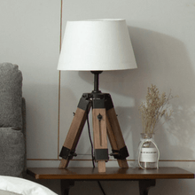 Load image into Gallery viewer, White Retro Tripod Table Lamp on bedside shelf next to bed
