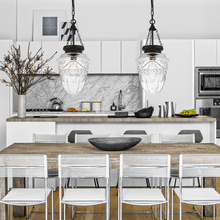 Load image into Gallery viewer, Two black Kitchen Island Pendant Lights hanging above wooden kitchen table
